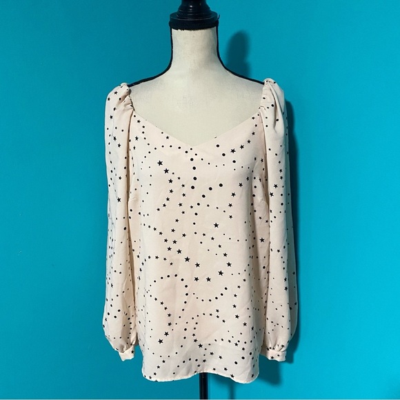 Ann Taylor L Light Pink Black Star Print V-Neck Long Puff Sleeve Blouse - Picture 2 of 5